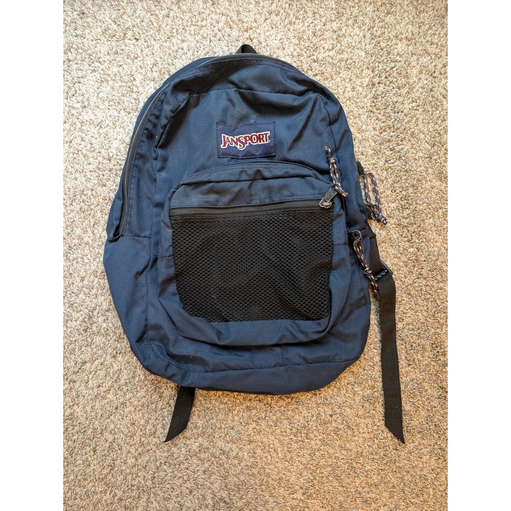 JanSport Backpack Unisex Large Navy Blue Mesh Pocket Vintage Style School Bag
